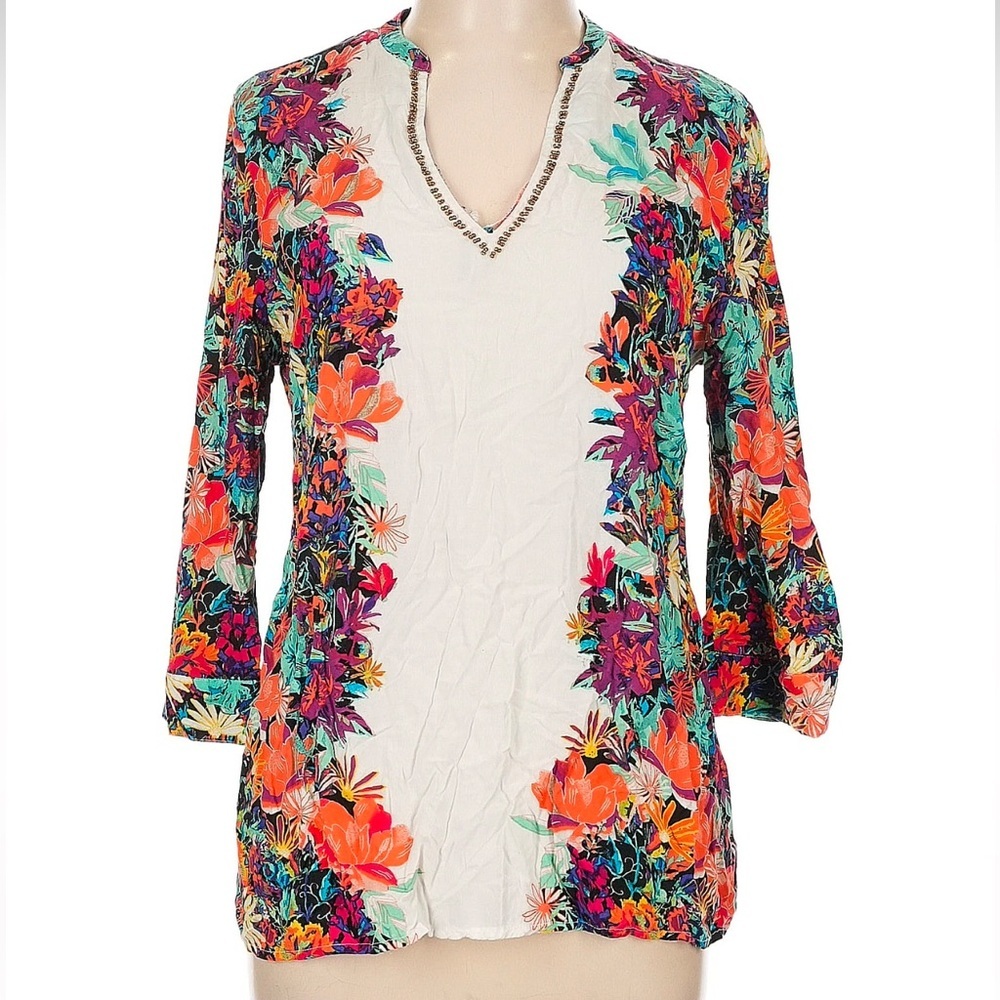 NICOLE MILLER Top Blouse Tunic Size Large Floral Beaded Neckline Colorful Boho